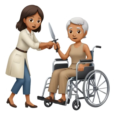 Woman with a knife in one hand, pushing with the other a wheelchair with an old man sticker