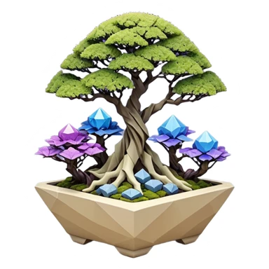 Futuristic wild glowing et alien moss maples Bonsai hair-fine-leaf group multi faceted crystal boxwood purple and cream rose blue informal rocky cliffhanger eight trees forest planting in shallow origami slab style pot with big anthropomorphic feet  sticker