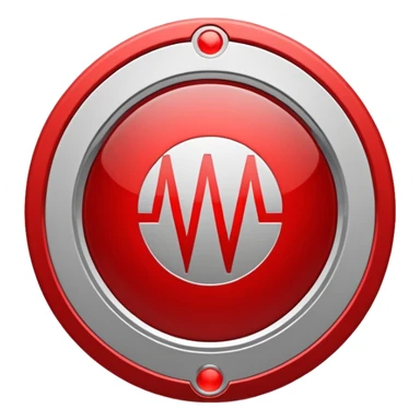 Minimalist medical technology logo. White background. A clean circular shield shape in light gray. Inside the shield — a sharp red signal line forming abstract letters “AI”, resembling a medical alert waveform but not a classic ECG.  sticker