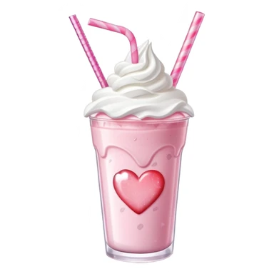 A cute pink strawberry milkshake in a glass cup with a heart-shaped straw, whipped cream on top, pink sparkles. sticker