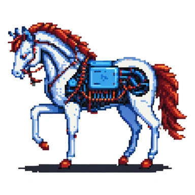 fast electric horse made of electricity, metal plates, bolts, visible blue and red wires, lightning coursing through its body, cybernetic sticker