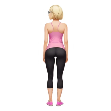 View from knees up, view from the back, fair skinned woman, thick milf, short blond hair, small reading glasses, cooking dinner in kitchen, pink loose tank top, showing natural B cup breast shape SFW, black yoga pants, large curvy booty sticker