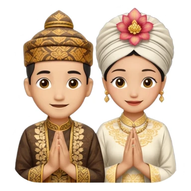 javanese person with shy smile (male) with batik blangkon hat and prayer hand, and also a javanese bride with sanggul or javanese classic updo and a shy smile sticker