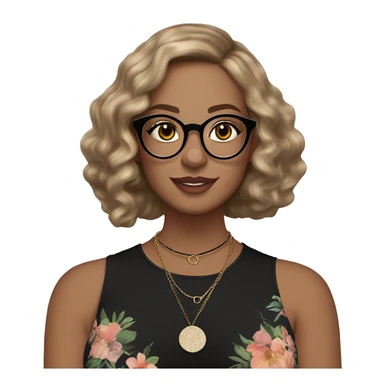 Woman with shoulder-length wavy dark blonde hair, fair complexion with freckles, cat eye makeup, wearing a black floral blouse, thin necklace with a round pendant, multiple rings, and bracelets. large glasses with thin frame sticker