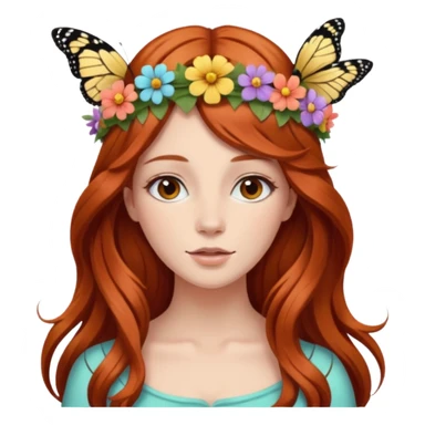 Woman with long flowing auburn hair wearing a flower crown with butterflies in it sticker