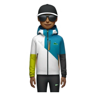 Un garçon blanc qui porte das lunettes de ski, il a les cheveux noirs, un survetement de lacoste et une casquette nike sticker