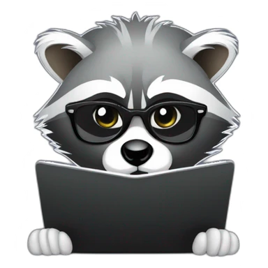 racoon wearing glasses and a white tee working on a black laptop sticker