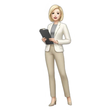 Full height pale skin woman with ash blonde Straightened bob Hair, White classical jacket, beige Arrow pants and gray blouse holding a color palette in the hands sticker