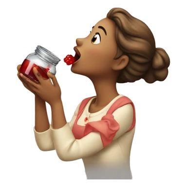 A lady licking the last drop of jam from a jar sticker