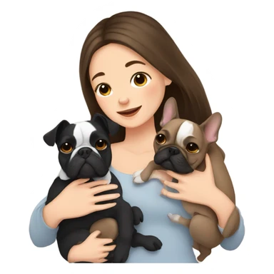 brunette girl cuddling two french bulldogs  sticker