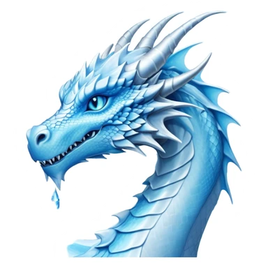 Cinematic Noble wise elegant Ice Dragon Portrait Emoji, Poised and imposing, distinct long elegant snout, with a slender, scaled body shimmering in glacial hues of icy blue, frostbitten silver, and crystalline white, breathing out frost, with piercing, glowing ice blue white eyes that radiate the chilling depths of an arctic storm; rendered in detail. excuding wisdom sticker