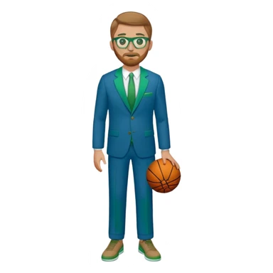 full body White male basketball coach light brown/ blond hair, short beard, green/blue eyes wearing glasses and blue and green suit sticker