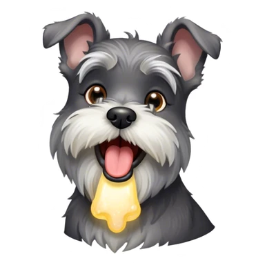Cinematic Cute Yawning Miniature Schnauzer Portrait Emoji, Head cocked with a wide, adorable yawn and droopy, charming eyes, featuring a neatly trimmed, lovable salt-and-pepper fur, simplified yet irresistibly cute, highly detailed, glowing with a warm, relaxed radiance, high shine, exuding a sleepy yet spirited charm, styled with a soft, cozy glowing outline, capturing the essence of a Miniature Schnauzer mid-yawn, radiating pure, drowsy cuteness! sticker