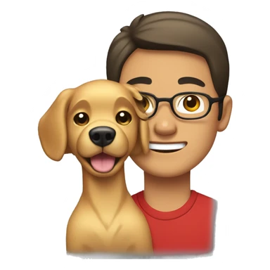 A Asian guy with black hair and brown eyes and black glasses wearing a red shirt holding a golden retriever dog sticker