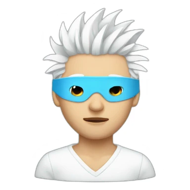 Man with blindfold and white spiky hair wearing white sweater with light blue eyes sticker