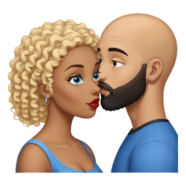 bald head man with brown eyes and black beard kissing African woman with blue eyes and curly blonde hair sticker