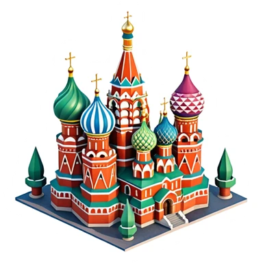 Isometric illustration of photorealistic Saint Basil's Cathedral with colorful onion domes, highly detailed in semi-realistic style, sharp outlines, subtle surface textures, balanced between stylized and realistic, 3D miniature effect with a slight hand-painted touch, no cartoonish look. sticker