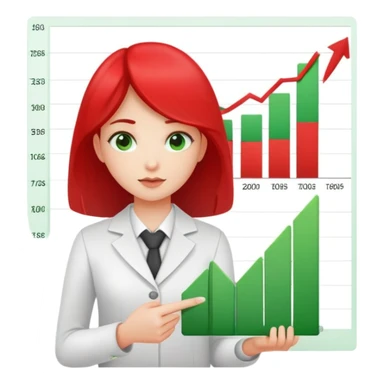 Girl showing financial reports, positive green ascending chart in one hand and negative red descending chart in other hand sticker