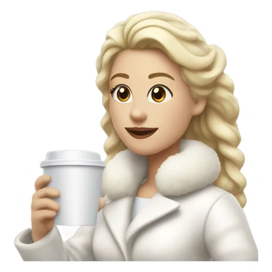 blonde girl wearing white fluffy jacket and a coffee to go in hand all dress white and a white bow on hair sticker