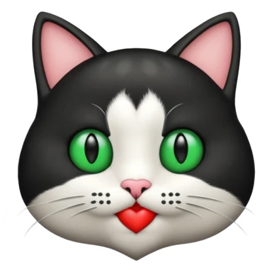 Emoji de un gato blanco y negro con ojos verdes, mandando un beso de corazón  sticker