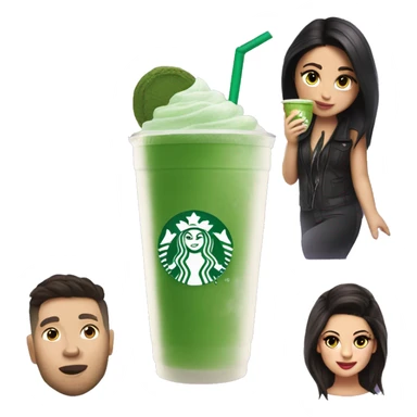 A matcha Drink with ice cubes in a starbucks cup, while selena gomez is holding it sticker