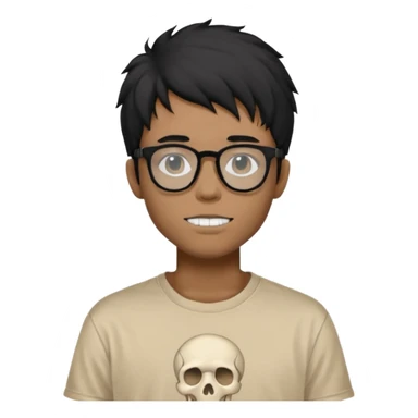 black anime hair guy with skeleton makeup wearing a stussy tshirt with glasses sticker