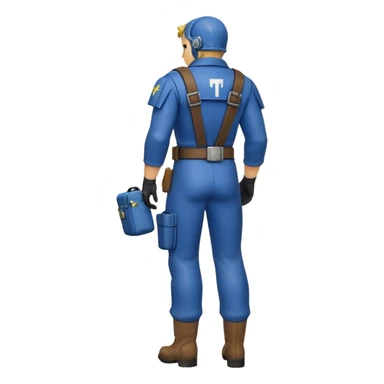 Vault Dweller emoji, style: flat, minimalist, character wearing blue Vault 13 jumpsuit (torn sleeve, bandage on arm), seen from the back, shoulder pad, leather belt with pouches, boots. Simple background. Fallout game series. sticker