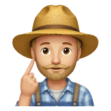 “A single emoji-style character combining 👨‍🌾😄 and 🤔: a smiling farmer man with a straw hat, friendly face, and light beard, holding one hand under his chin in a thinking gesture. His index finger rests under his face, eyes looking slightly upward as if thinking.  sticker