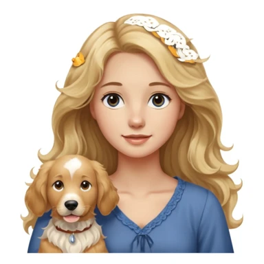20-year-old woman with very long, wavy, blonder dirty blonde hair with brown highlights and dark blue eyes, standing with an English cream golden retriever, sunset background, friendly and warm scene sticker