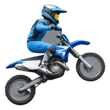 Person riding a blue dirt bike side profile with motocross helmet sticker
