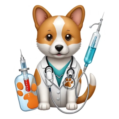 An icon featuring a stethoscope, a paw print, and a syringe, symbolizing veterinary medicine. The design includes a dog and a cat, alongside medical tools, representing animal care, diagnosis, and treatment. Transparent background highlights the science of animal health and well-being. sticker