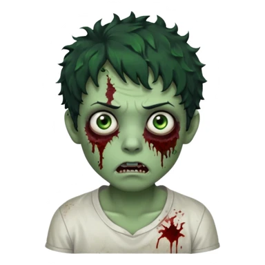 zombie character with green skin, messy short curly black hair, and no glasses. Give him large expressive eyes, a slightly frightened or eerie expression, subtle wounds, dark under-eye shadows, and a few cracks or dried blood marks on the face.  white shirt and no bleeding eyes **BLACK HAIR** sticker