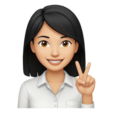 Haz una imagen de una mujer con cabello negro con cabello en capas , con una sonrisa en su cara y la punta de su dedo indice entre sus dientes sticker