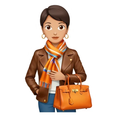 Mature woman wearing a dark brown leather Hermes jacket and a multicolored silk scarf around her neck. She has a large orange Hermes Birkin Bag. I want the image to be close up, starting from the waist up.  sticker