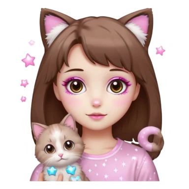 kawaii soft girl, short brown hair, pink makeup, skincare, sparkles, two fluffy light brown ragdoll cats, pink soft girl aesthetic sticker