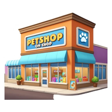 Modern building of a pet shop with a big glowing sign that says PETSHOP on the front. Colorful storefront, large windows showing pet products inside, cute animal illustrations on the walls, warm and friendly atmosphere, daytime, high-quality detailed render sticker