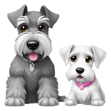 One big gray schnauzer with dark eyes that’s wearing a black collar and a silver tag next to a small all white puppy schnauzer with a pink collar sticker