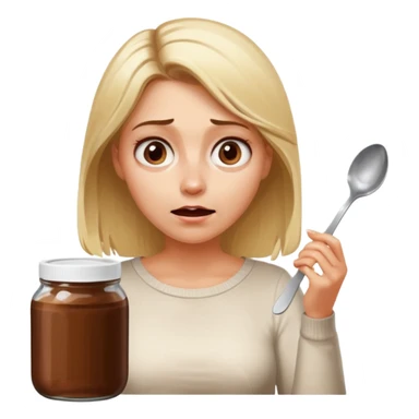 Nutella with a spoon. The glas of Nutella is almost empty . Only the one carriage of Nutella. Next to the Nutella is the head of a blond woman who is desperate to eat the Nutella  sticker