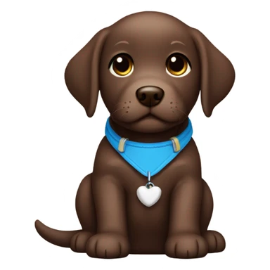 Chocolate labrador adorable little puppy with small white fur on chest and cute blue collar sticker