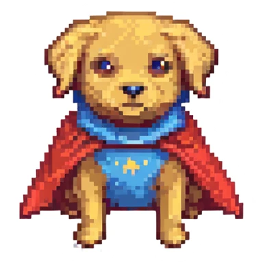 A pixel art style emoji of a super dog with a red cape. sticker