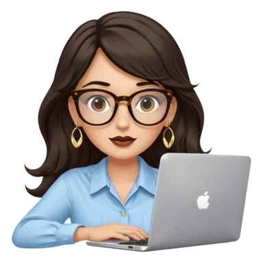 A white woman with long wavy dark brown hair and a whispy bang, wearing thick tortoise SQUARE glasses, gold drop earrings. She has long lashes and a nude browny glossy lipstick. She's wearing an oversize light blue shirt with white vertical strips. She's working on a laptop sticker