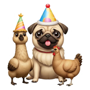 A pug eating roasted chicken with his llama stuffed animal with a birthday hat. sticker
