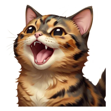 Cinematic Cute Yawning Tortoiseshell Cat Portrait Emoji, Head slightly tilted with a wide, adorable yawn and half-closed, dreamy eyes, featuring a warm, mottled fur of rich browns and blacks, simplified yet irresistibly cute, highly detailed, glowing with a soft, slumbering radiance, high shine, exuding a relaxed, drowsy charm, styled with a gentle, soft glowing outline, capturing the essence of a tortoiseshell cat in a precious moment of sleepy delight! sticker