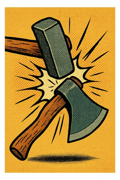 a hammer striking an axe, comic book style, dramatic motion lines sticker