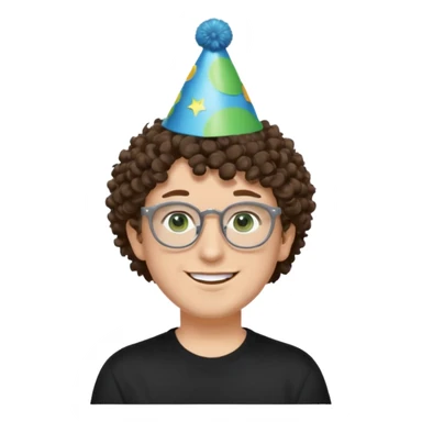 A white guy with curly brown hair and green eyes with a happy face, and wear square black glasses.He’s also got a full silver birthday party hat on his head with blue pom poms on top of it, and his T-shirt is all black, he wears a little gold circle earrings on his left  sticker