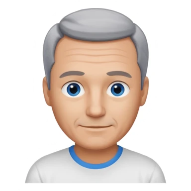 Middle aged man with tanned skin, little black to grey hair, receding hairline and no beard, blue eyes, shy smile sticker