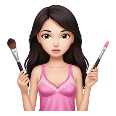 Dark long hair girl wearing pink victorias secret sleepwear that looks like a tank top with lace is holding a normal makeup brush. sticker