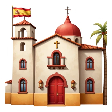 Spanish mission style house with bell tower and arches, displaying a Spanish flag (red-yellow-red horizontal stripes) hanging from a window sticker