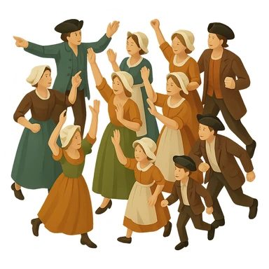 Create an isometric full body illustration of an 18th century crowd in a different pose. Include men, women, and children wearing period-appropriate clothing and hats. The arrangement should be dynamic and lively. No background and no text. sticker