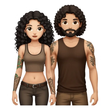 a pretty bratz fair girl with black long curly hair in a brown tank top with tattoos standing with a handsome tattooed tall guy sticker